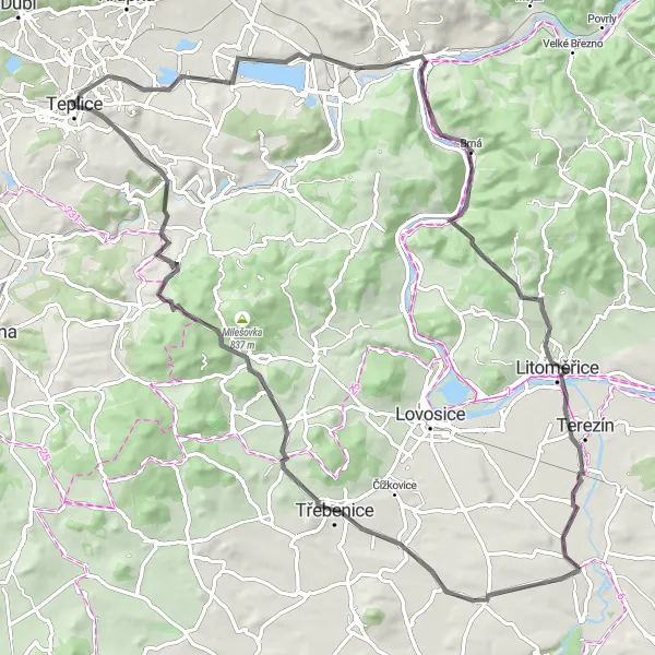 Miniaturní mapa "Náročný cykloturistický okruh též jistou pýchou" inspirace pro cyklisty v oblasti Severozápad, Czech Republic. Vytvořeno pomocí plánovače tras Tarmacs.app