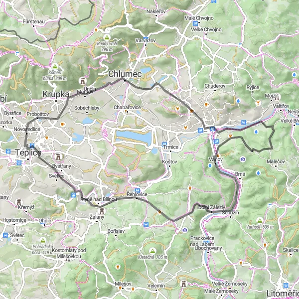 Map miniature of "Roads Less Traveled" cycling inspiration in Severozápad, Czech Republic. Generated by Tarmacs.app cycling route planner