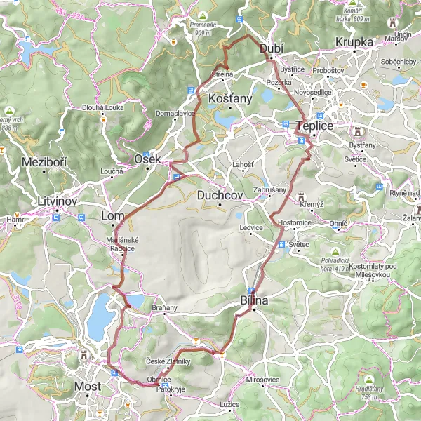 Map miniature of "Gravel Adventure Around Obrnice" cycling inspiration in Severozápad, Czech Republic. Generated by Tarmacs.app cycling route planner