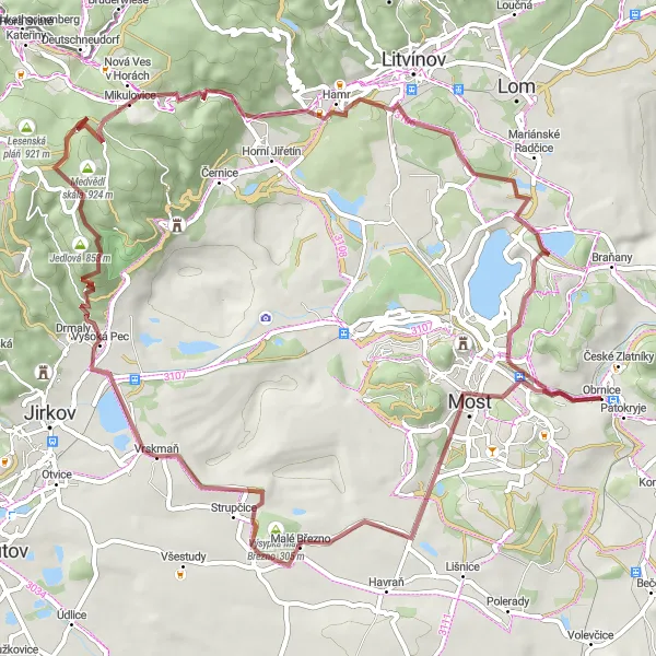 Map miniature of "Gravel Discoveries in Obrnice" cycling inspiration in Severozápad, Czech Republic. Generated by Tarmacs.app cycling route planner
