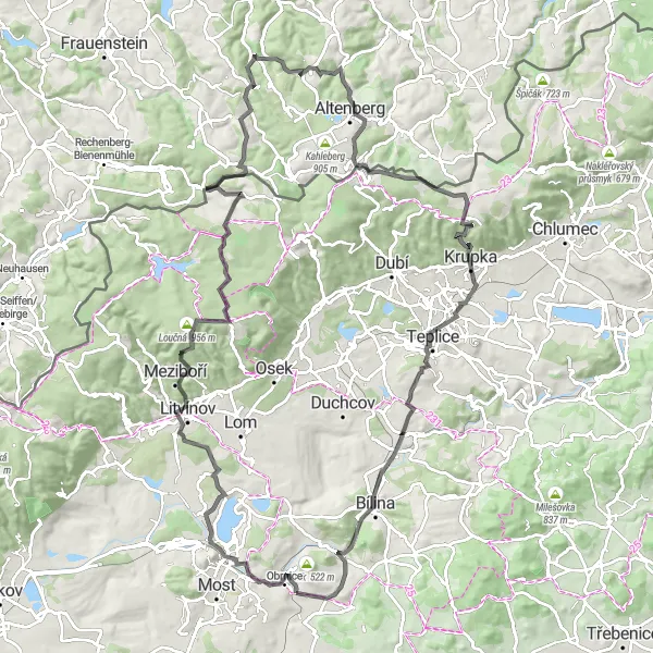 Miniaturní mapa "Adrenalinová cyklotrasa plná výzev u Obrnic" inspirace pro cyklisty v oblasti Severozápad, Czech Republic. Vytvořeno pomocí plánovače tras Tarmacs.app