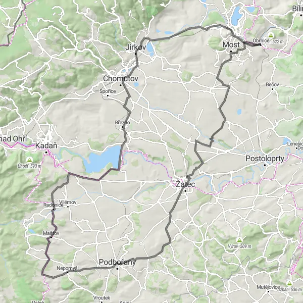 Miniaturní mapa "Kopců plná silniční cyklotrasa kolem Obrnic" inspirace pro cyklisty v oblasti Severozápad, Czech Republic. Vytvořeno pomocí plánovače tras Tarmacs.app