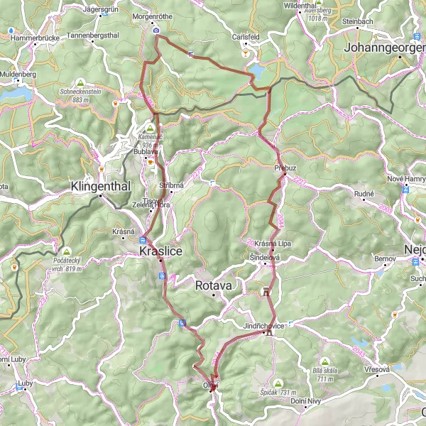 Mapa miniatúra "Gravel trasa k vyhlídce Stangenhöhe" cyklistická inšpirácia v Severozápad, Czech Republic. Vygenerované cyklistickým plánovačom trás Tarmacs.app