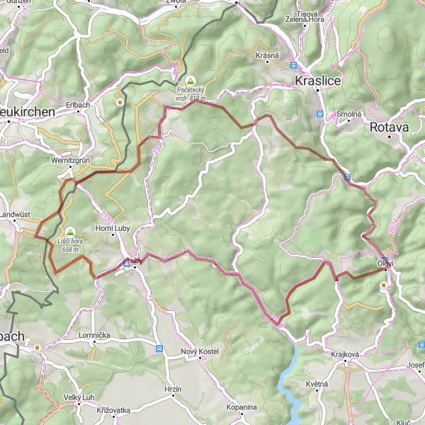 Miniaturní mapa "Scenic Gravel Route to Sněžná" inspirace pro cyklisty v oblasti Severozápad, Czech Republic. Vytvořeno pomocí plánovače tras Tarmacs.app