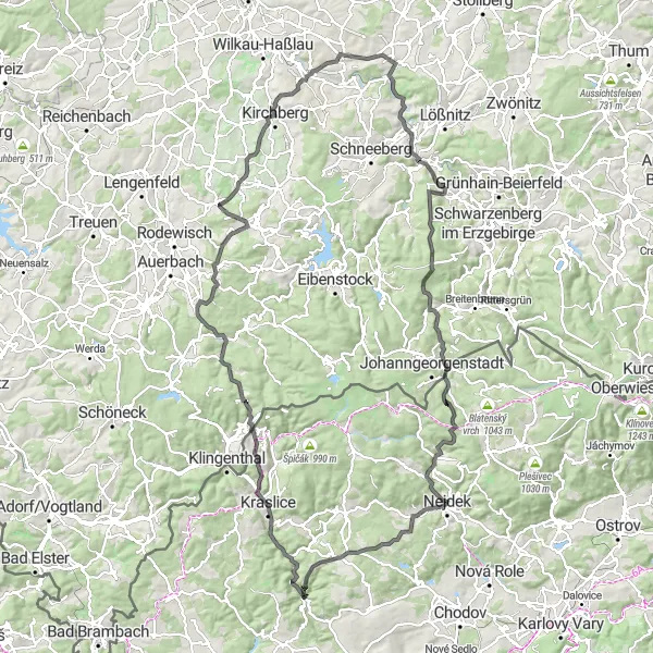 Map miniature of "The Ore Mountain Challenge" cycling inspiration in Severozápad, Czech Republic. Generated by Tarmacs.app cycling route planner