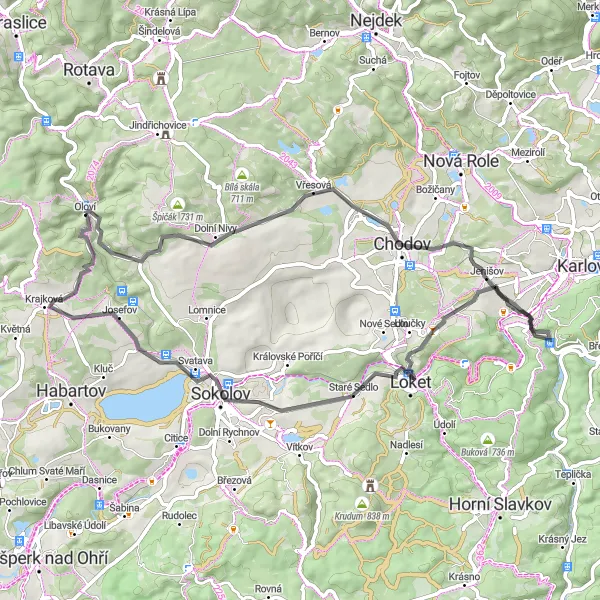 Miniaturní mapa "Okruh kolem Oloví - Road" inspirace pro cyklisty v oblasti Severozápad, Czech Republic. Vytvořeno pomocí plánovače tras Tarmacs.app