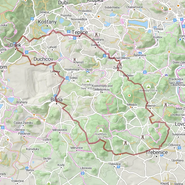 Map miniature of "Osek Gravel Route" cycling inspiration in Severozápad, Czech Republic. Generated by Tarmacs.app cycling route planner