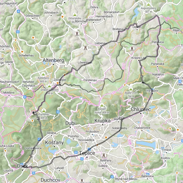 Map miniature of "Road Cycling Adventure from Osek" cycling inspiration in Severozápad, Czech Republic. Generated by Tarmacs.app cycling route planner