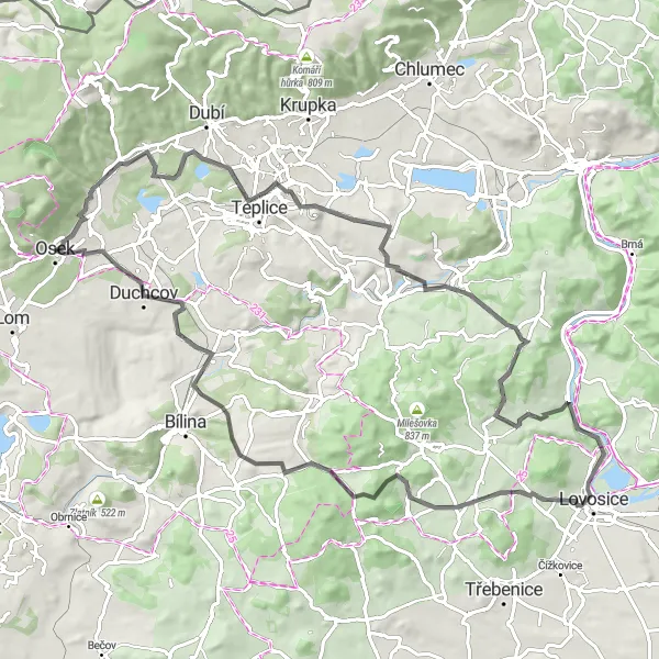 Map miniature of "Osek - Křižanov - Okrouhlík - Duchcov" cycling inspiration in Severozápad, Czech Republic. Generated by Tarmacs.app cycling route planner