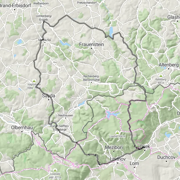 Map miniature of "Osek - Loučná - Špičák" cycling inspiration in Severozápad, Czech Republic. Generated by Tarmacs.app cycling route planner