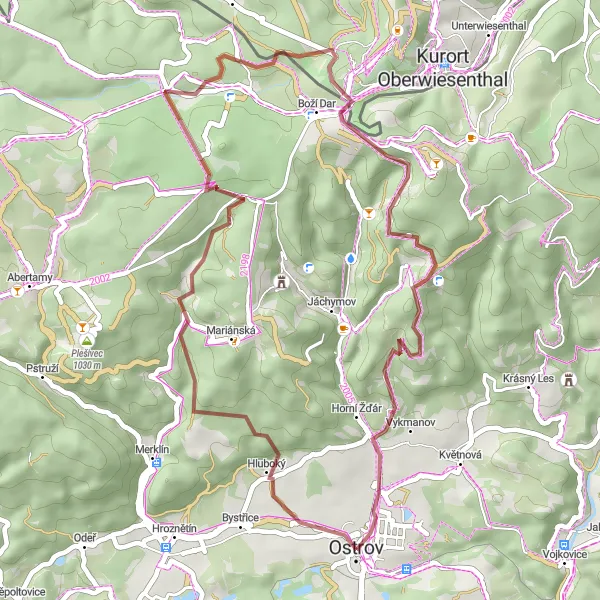 Map miniature of "Ostrov - Kfely - Hřeben - Myslivny - Hubertky - Klínovec - Arnoldov - Ostrov" cycling inspiration in Severozápad, Czech Republic. Generated by Tarmacs.app cycling route planner