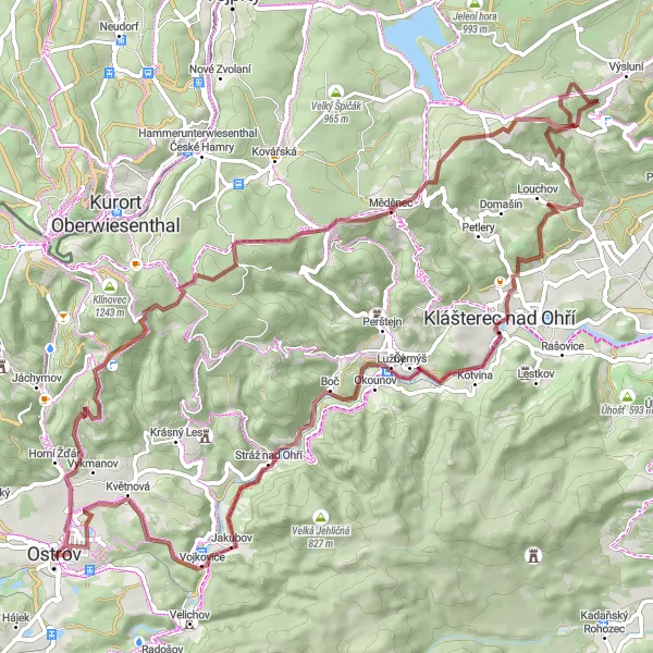 Map miniature of "The Ore Mountains Gravel Challenge" cycling inspiration in Severozápad, Czech Republic. Generated by Tarmacs.app cycling route planner