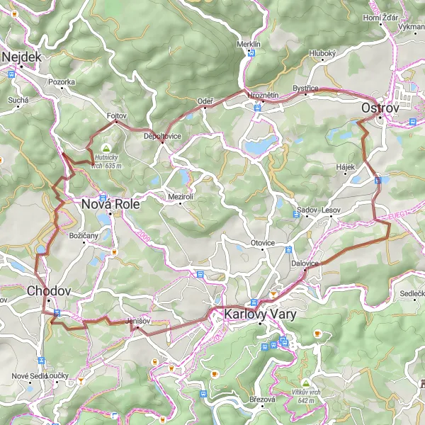Map miniature of "Ostrov - Dalovice - Camera Obscura Arbour - Jenišov - Fojtov - Dvorsky vrch - Hroznětín - Ostrov" cycling inspiration in Severozápad, Czech Republic. Generated by Tarmacs.app cycling route planner