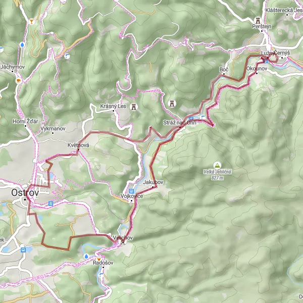 Map miniature of "Ostrov - Květnová - Šibeniční vrch - Nad Bočí - Korunní - Jakubov - Liščí vrch - Zřícenina - Ostrov" cycling inspiration in Severozápad, Czech Republic. Generated by Tarmacs.app cycling route planner