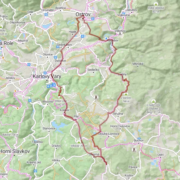 Map miniature of "Ostrov - Košťál - Lučiny - Žalmanov - Javorná - Výhledy - Kolová - Vítkův vrch - Dalovice - Ostrov" cycling inspiration in Severozápad, Czech Republic. Generated by Tarmacs.app cycling route planner