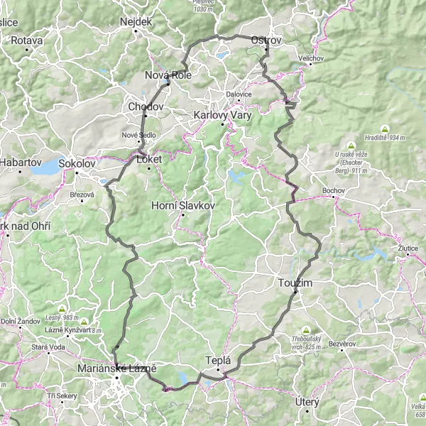 Miniaturní mapa "Přírodní cesty kolem Mariánských Lázní" inspirace pro cyklisty v oblasti Severozápad, Czech Republic. Vytvořeno pomocí plánovače tras Tarmacs.app