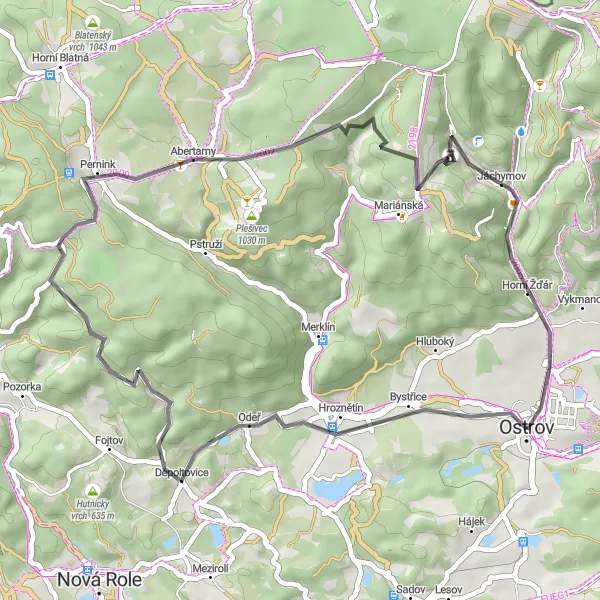 Mapa miniatúra "Krásná okružní trasa poblíž Ostrova" cyklistická inšpirácia v Severozápad, Czech Republic. Vygenerované cyklistickým plánovačom trás Tarmacs.app