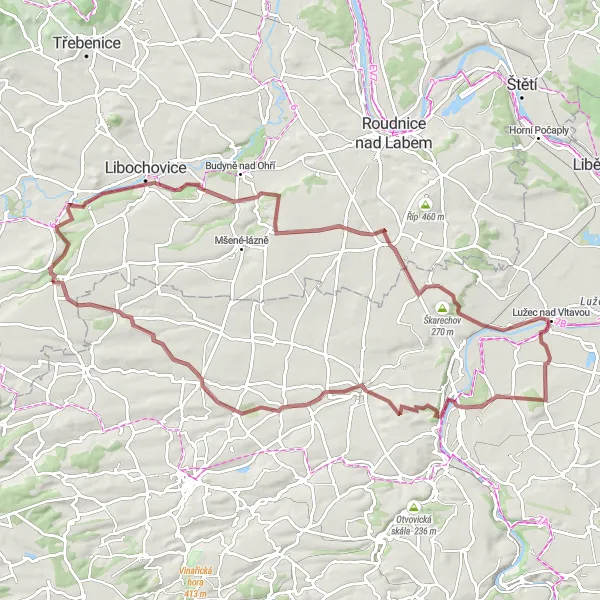 Mapa miniatúra "Gravelový okruh cez Račiněves a Radovič" cyklistická inšpirácia v Severozápad, Czech Republic. Vygenerované cyklistickým plánovačom trás Tarmacs.app