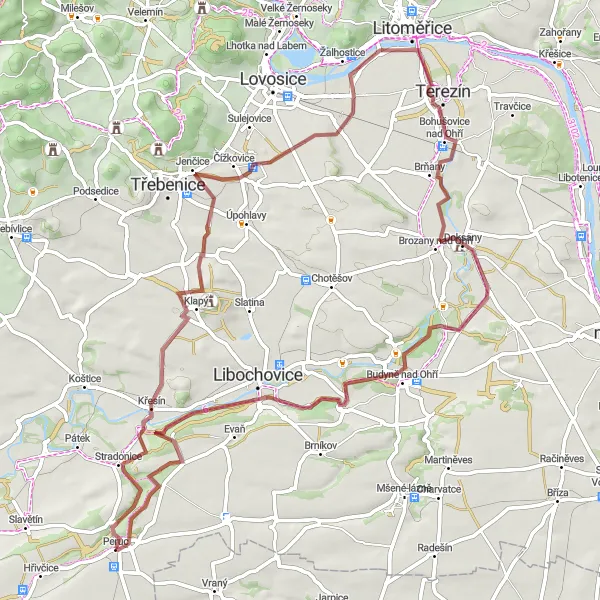 Miniaturní mapa "Gravelový okruh přes Mlékojedy a Doksany" inspirace pro cyklisty v oblasti Severozápad, Czech Republic. Vytvořeno pomocí plánovače tras Tarmacs.app