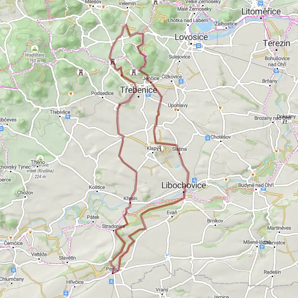 Miniaturní mapa "Gravelová cyklotrasa Stradonka - Peruc" inspirace pro cyklisty v oblasti Severozápad, Czech Republic. Vytvořeno pomocí plánovače tras Tarmacs.app