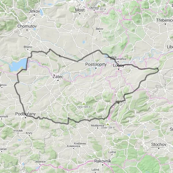 Miniaturní mapa "Okruh kolem Peruce přes Úlovice a Bitozeves" inspirace pro cyklisty v oblasti Severozápad, Czech Republic. Vytvořeno pomocí plánovače tras Tarmacs.app