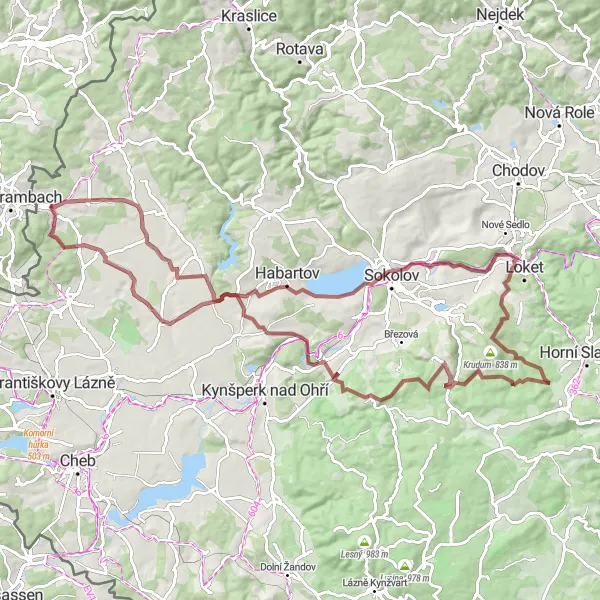 Map miniature of "Plesná Gravel Adventure" cycling inspiration in Severozápad, Czech Republic. Generated by Tarmacs.app cycling route planner