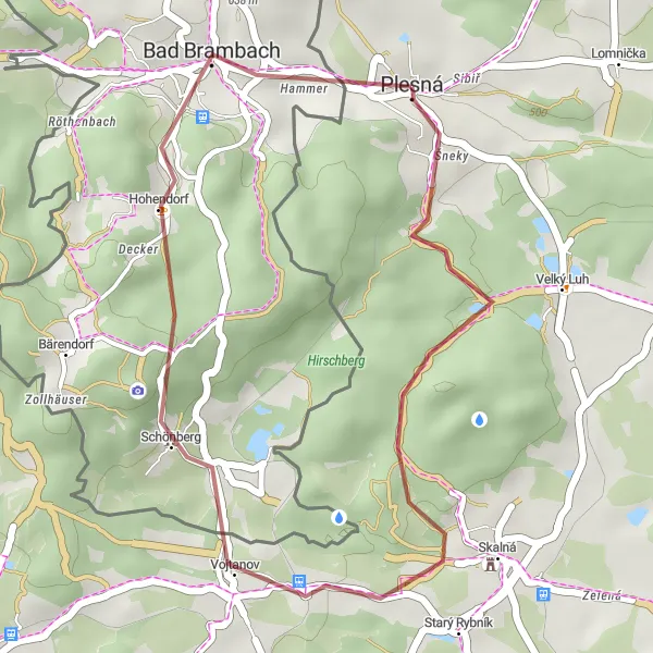 Karten-Miniaturansicht der Radinspiration "Gravelroute in der Nähe von Plesná" in Severozápad, Czech Republic. Erstellt vom Tarmacs.app-Routenplaner für Radtouren