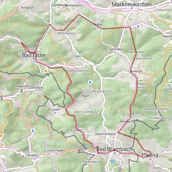 Karten-Miniaturansicht der Radinspiration "Entspanntes Gravelabenteuer um Plesná" in Severozápad, Czech Republic. Erstellt vom Tarmacs.app-Routenplaner für Radtouren