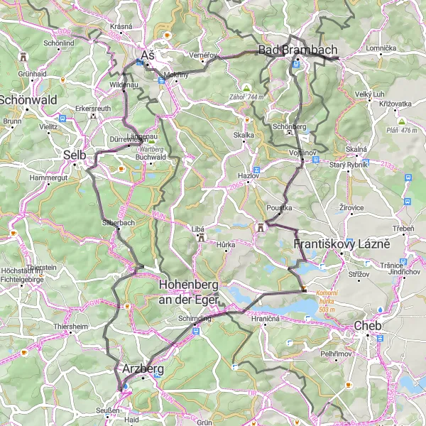 Map miniature of "Vogtland Epic Road Adventure" cycling inspiration in Severozápad, Czech Republic. Generated by Tarmacs.app cycling route planner