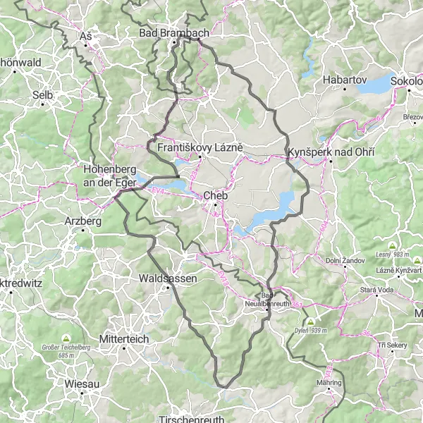 Miniaturní mapa "Road Plesná - Vackovec - Kozinec - Schloss Schönberg" inspirace pro cyklisty v oblasti Severozápad, Czech Republic. Vytvořeno pomocí plánovače tras Tarmacs.app