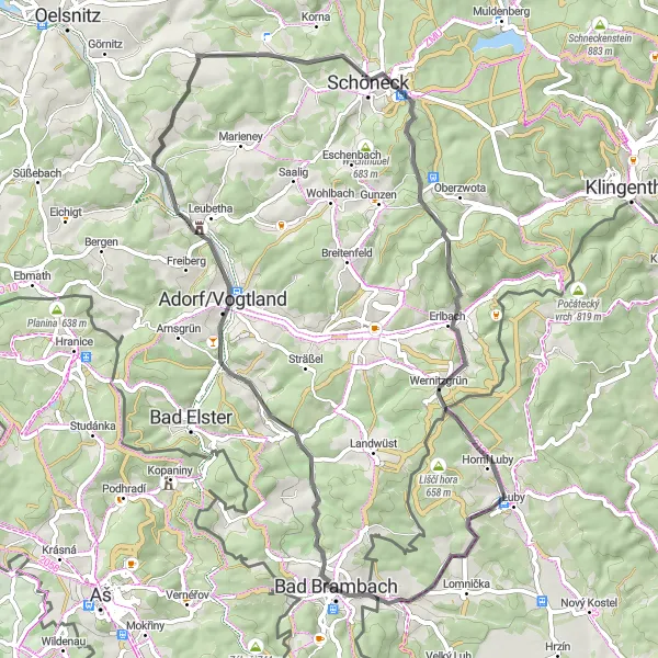 Map miniature of "Discover the Beauty of Vogtland Roads" cycling inspiration in Severozápad, Czech Republic. Generated by Tarmacs.app cycling route planner