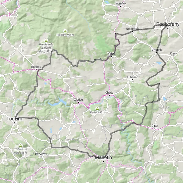 Karten-Miniaturansicht der Radinspiration "Straßenroute Podbořany - Ležky - Kapucín - Hraběcí kříž - Rabštejn nad Střelou - Manětín - Radyně - Teleč - Velký Hlavákov - Hlavákovský vrch - Hlubany - Podbořany" in Severozápad, Czech Republic. Erstellt vom Tarmacs.app-Routenplaner für Radtouren