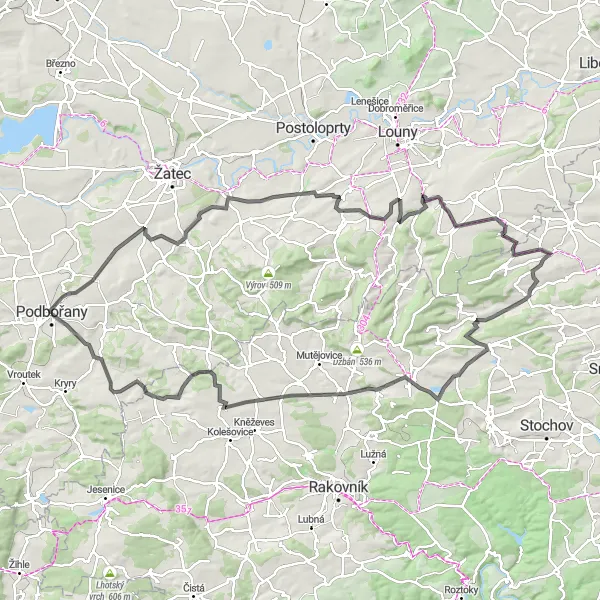 Miniaturní mapa "Okružní cyklistická trasa z Podbořan" inspirace pro cyklisty v oblasti Severozápad, Czech Republic. Vytvořeno pomocí plánovače tras Tarmacs.app