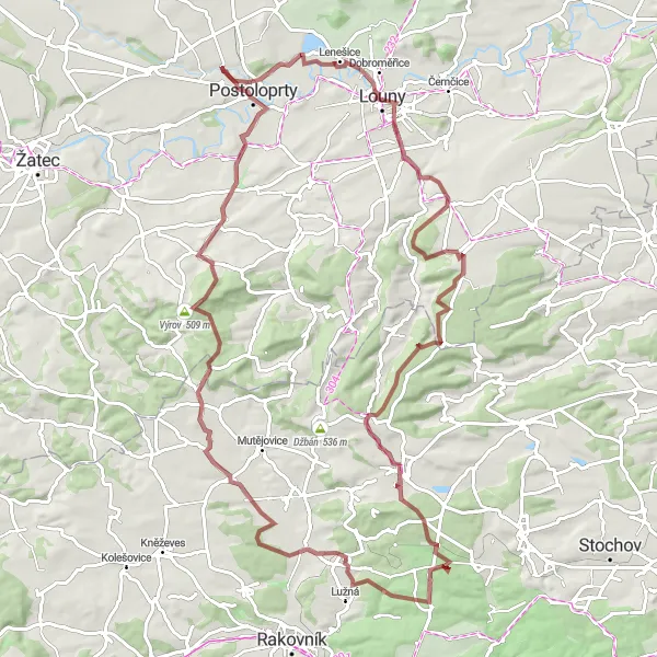 Map miniature of "Scenic Gravel Adventure: Postoloprty to Lipno" cycling inspiration in Severozápad, Czech Republic. Generated by Tarmacs.app cycling route planner