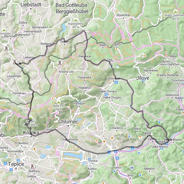 Miniatura mapy "Trasa dookoła Povrly przez Hrad Krupka i Pfarrberg" - trasy rowerowej w Severozápad, Czech Republic. Wygenerowane przez planer tras rowerowych Tarmacs.app
