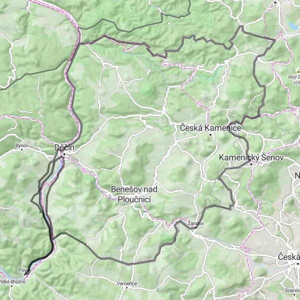 Map miniature of "The Challenging Route to Nový Oldřichov" cycling inspiration in Severozápad, Czech Republic. Generated by Tarmacs.app cycling route planner