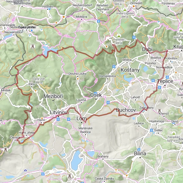 Map miniature of "Countryside Adventure - Novosedlice and Mlýnský vrch Gravel Route" cycling inspiration in Severozápad, Czech Republic. Generated by Tarmacs.app cycling route planner