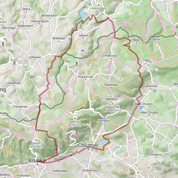Map miniature of "Supí hora and Fürstenwalde Gravel Loop" cycling inspiration in Severozápad, Czech Republic. Generated by Tarmacs.app cycling route planner