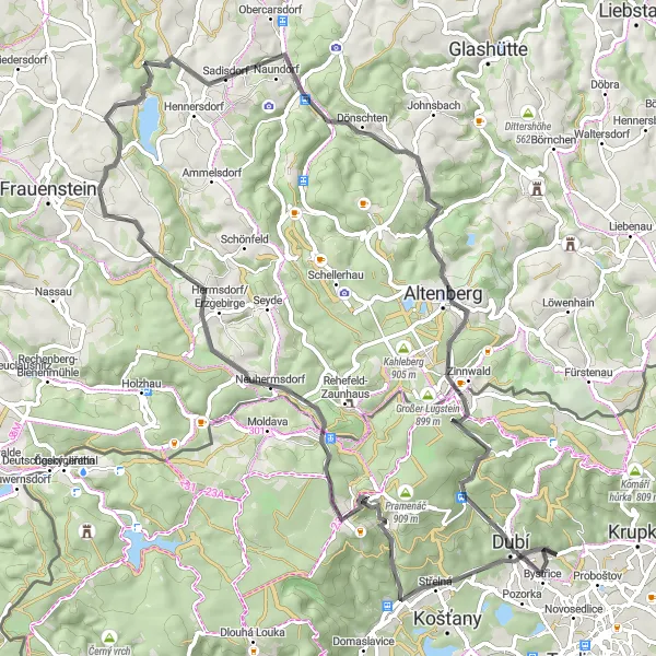 Map miniature of "Proboštov - Nové Město - Hemmschuh - Kahle Höhe - Sadisdorf - Hirschsprung - Pingenblick - Mlýnský vrch - Běhánky" cycling inspiration in Severozápad, Czech Republic. Generated by Tarmacs.app cycling route planner