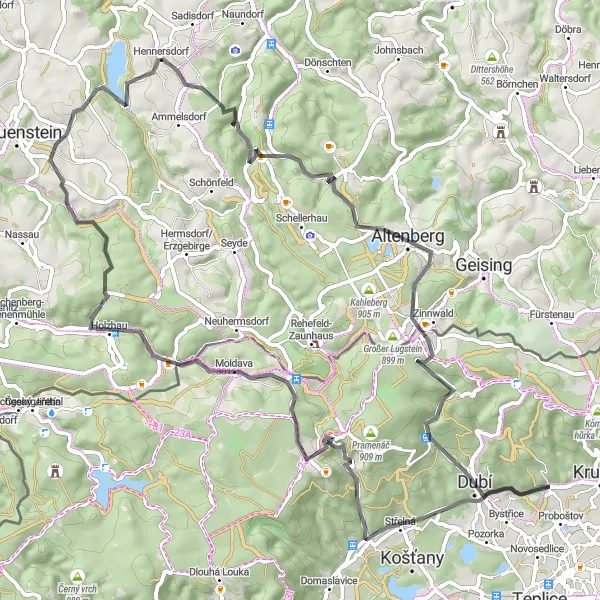 Miniaturní mapa "Cyklostezka k okolí Mlýnského vrchu a Dubí" inspirace pro cyklisty v oblasti Severozápad, Czech Republic. Vytvořeno pomocí plánovače tras Tarmacs.app