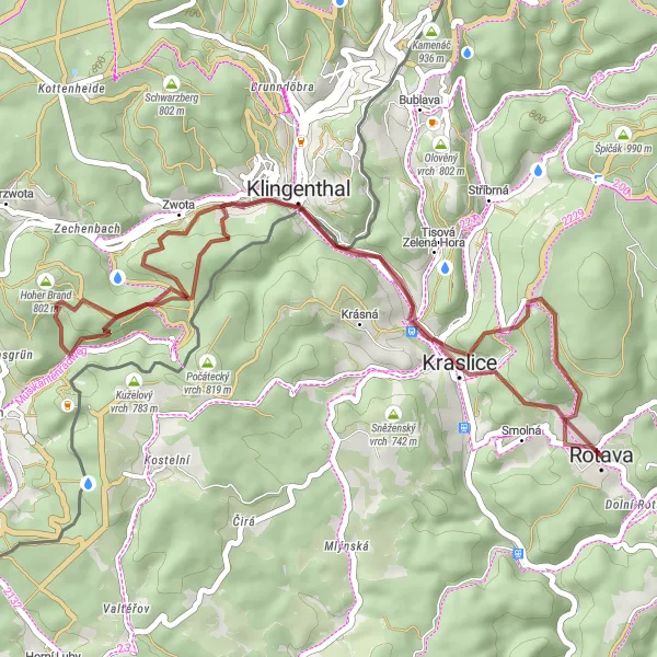Map miniature of "Gravel Adventure to Kraslice" cycling inspiration in Severozápad, Czech Republic. Generated by Tarmacs.app cycling route planner