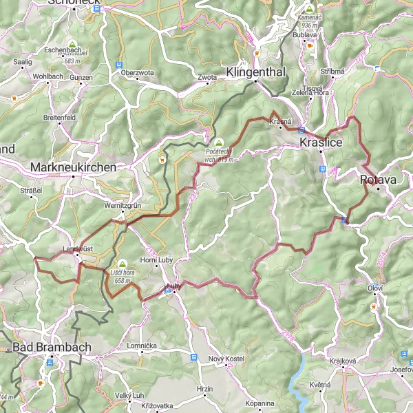 Miniaturní mapa "Gravel Cycling Path - Liboc - Luby - Bažantnice - Rauner Hammer - Landwüst - Počátky - Kocici skala - Rotava" inspirace pro cyklisty v oblasti Severozápad, Czech Republic. Vytvořeno pomocí plánovače tras Tarmacs.app