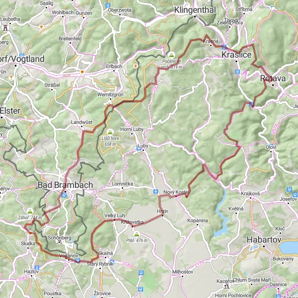 Miniaturní mapa "Cyklotrasa Rotava - Bernov - Nový Kostel - Lužský vrch - Bad Brambach - Wirtsberg - Počátky - Sokol - Rotava" inspirace pro cyklisty v oblasti Severozápad, Czech Republic. Vytvořeno pomocí plánovače tras Tarmacs.app