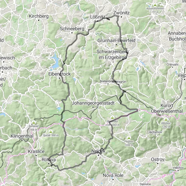 Map miniature of "Discover the Ore Mountains" cycling inspiration in Severozápad, Czech Republic. Generated by Tarmacs.app cycling route planner