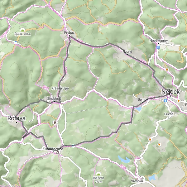 Mapa miniatúra "Okruh kolem Rotavy" cyklistická inšpirácia v Severozápad, Czech Republic. Vygenerované cyklistickým plánovačom trás Tarmacs.app