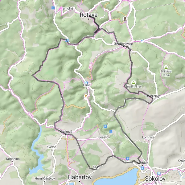 Miniaturní mapa "Round-trip Cycling Routes - Špičák - Dolní Nivy - Krajková - Dolní Rotava" inspirace pro cyklisty v oblasti Severozápad, Czech Republic. Vytvořeno pomocí plánovače tras Tarmacs.app