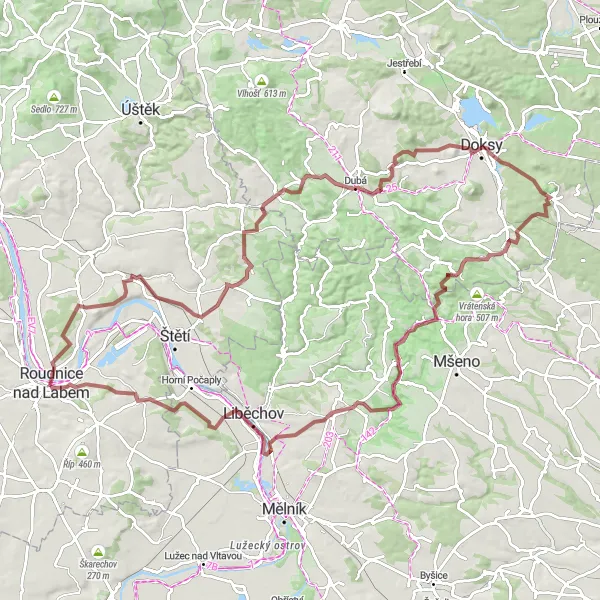 Map miniature of "Roudnice Gravel Adventure" cycling inspiration in Severozápad, Czech Republic. Generated by Tarmacs.app cycling route planner