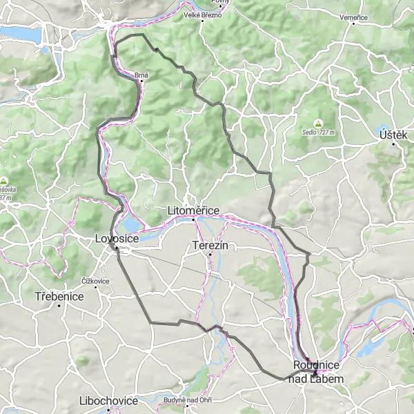 Miniaturní mapa "Historickou krajinou kolem Roudnice nad Labem" inspirace pro cyklisty v oblasti Severozápad, Czech Republic. Vytvořeno pomocí plánovače tras Tarmacs.app