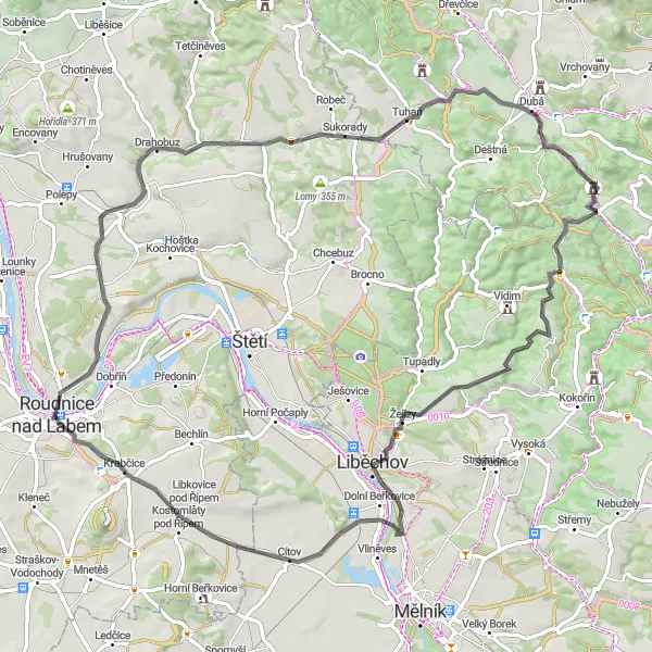 Map miniature of "Roudnice Circuit Road Route" cycling inspiration in Severozápad, Czech Republic. Generated by Tarmacs.app cycling route planner