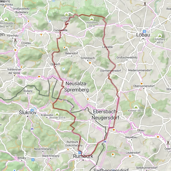 Miniaturní mapa "Gravelová trasa z Rumburku" inspirace pro cyklisty v oblasti Severozápad, Czech Republic. Vytvořeno pomocí plánovače tras Tarmacs.app